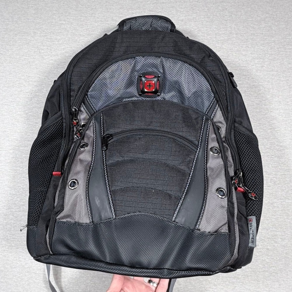 Wenger SwissGear Laptop Backpack Black Gray Red Padded Travel School Bag